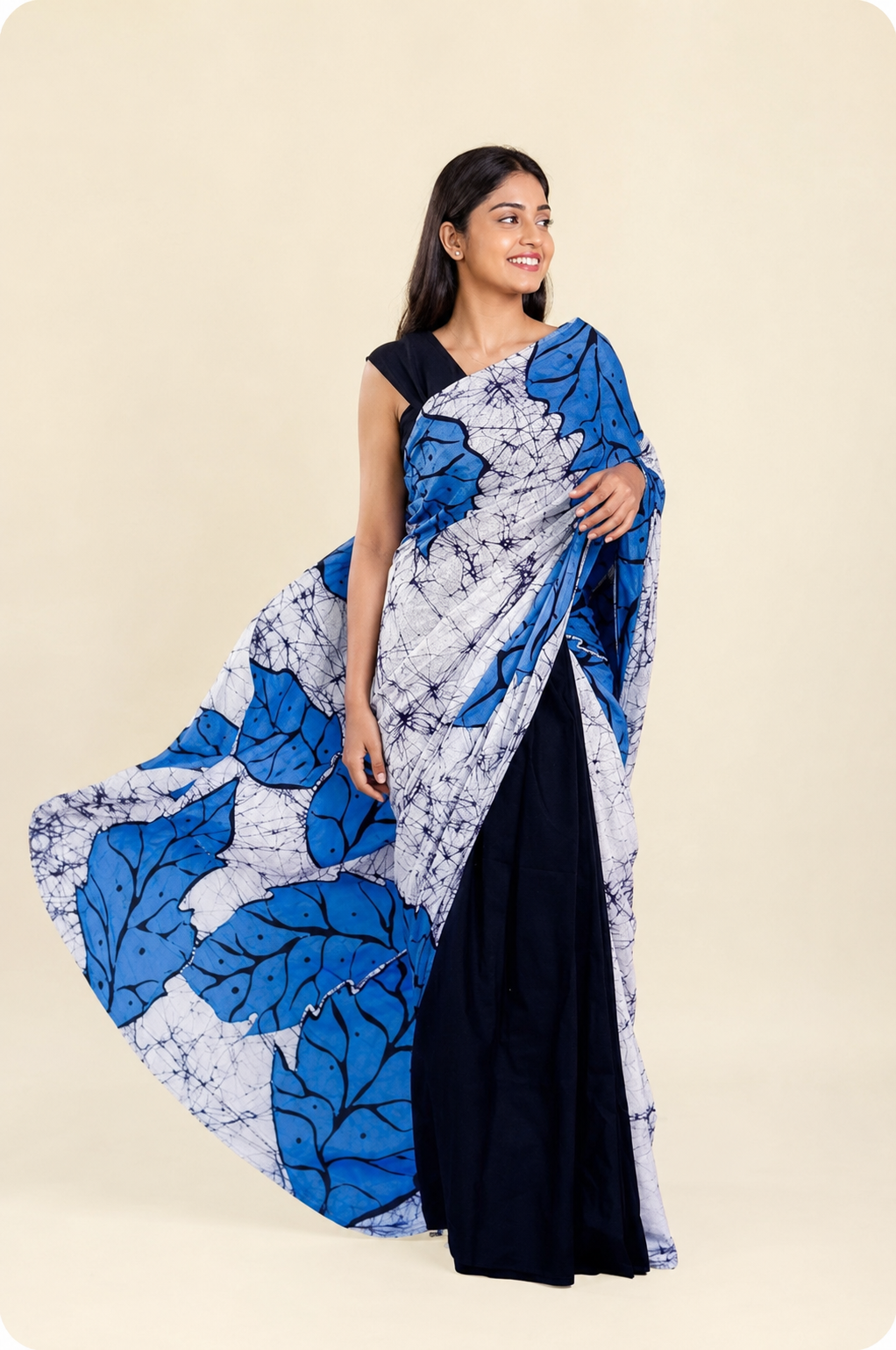Royal Blue & White Leaf Batik Saree