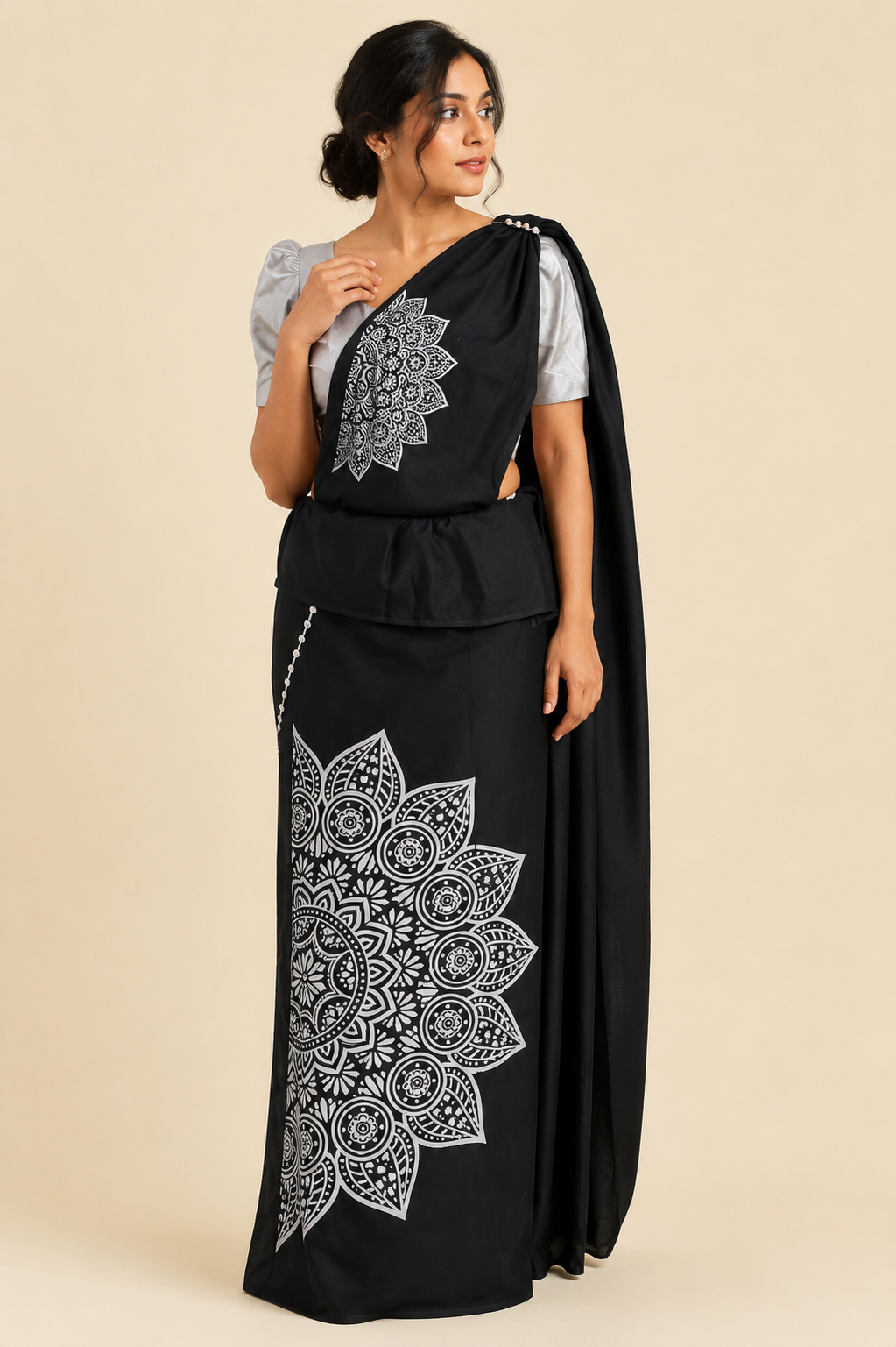 Black & White Mandala Batik Saree