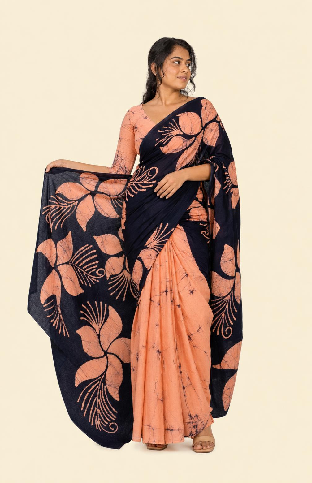 Peach & Black Floral Batik Saree