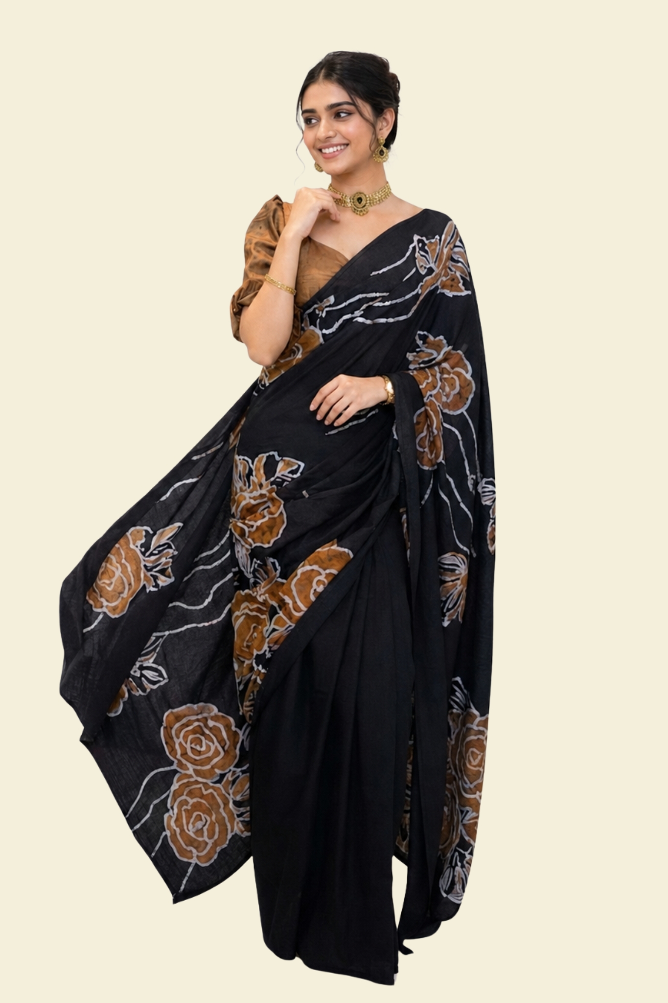 Black & Brown Floral Batik Saree