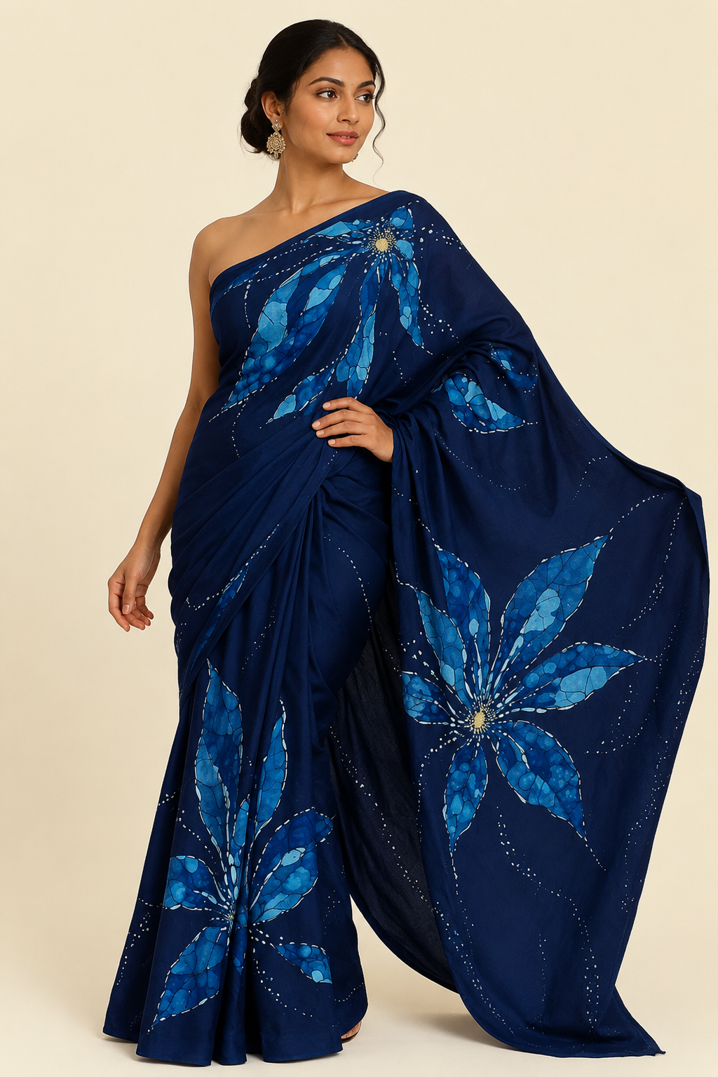 Blue & White Leaf Batik Saree