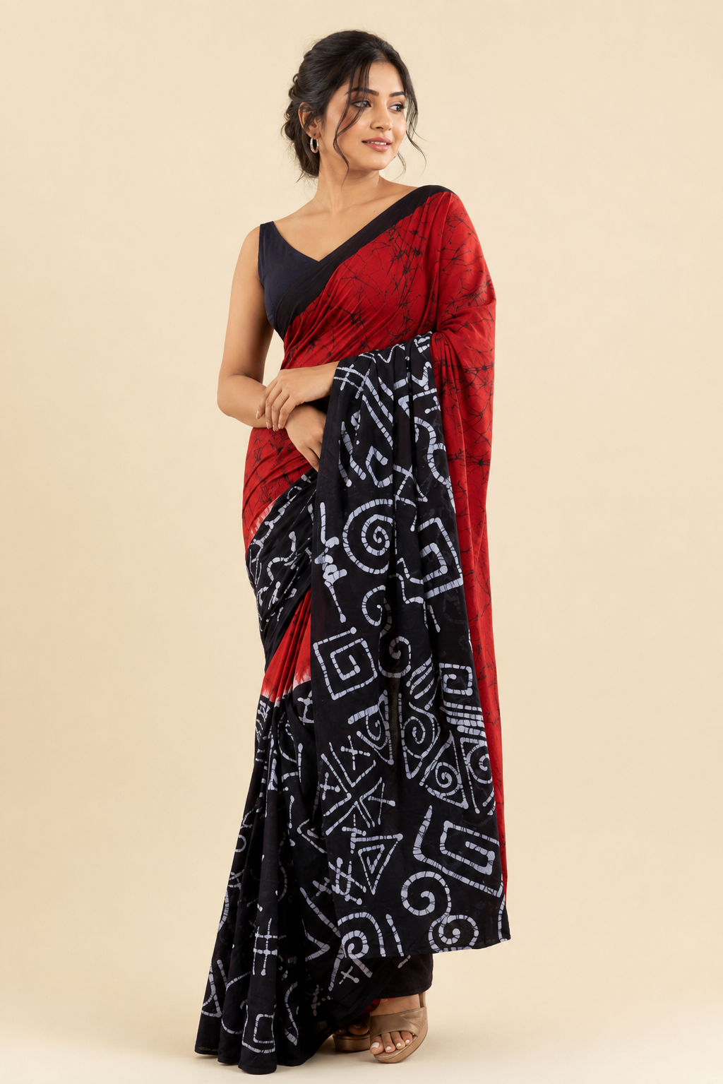 Ruby Red & Black Batik Saree