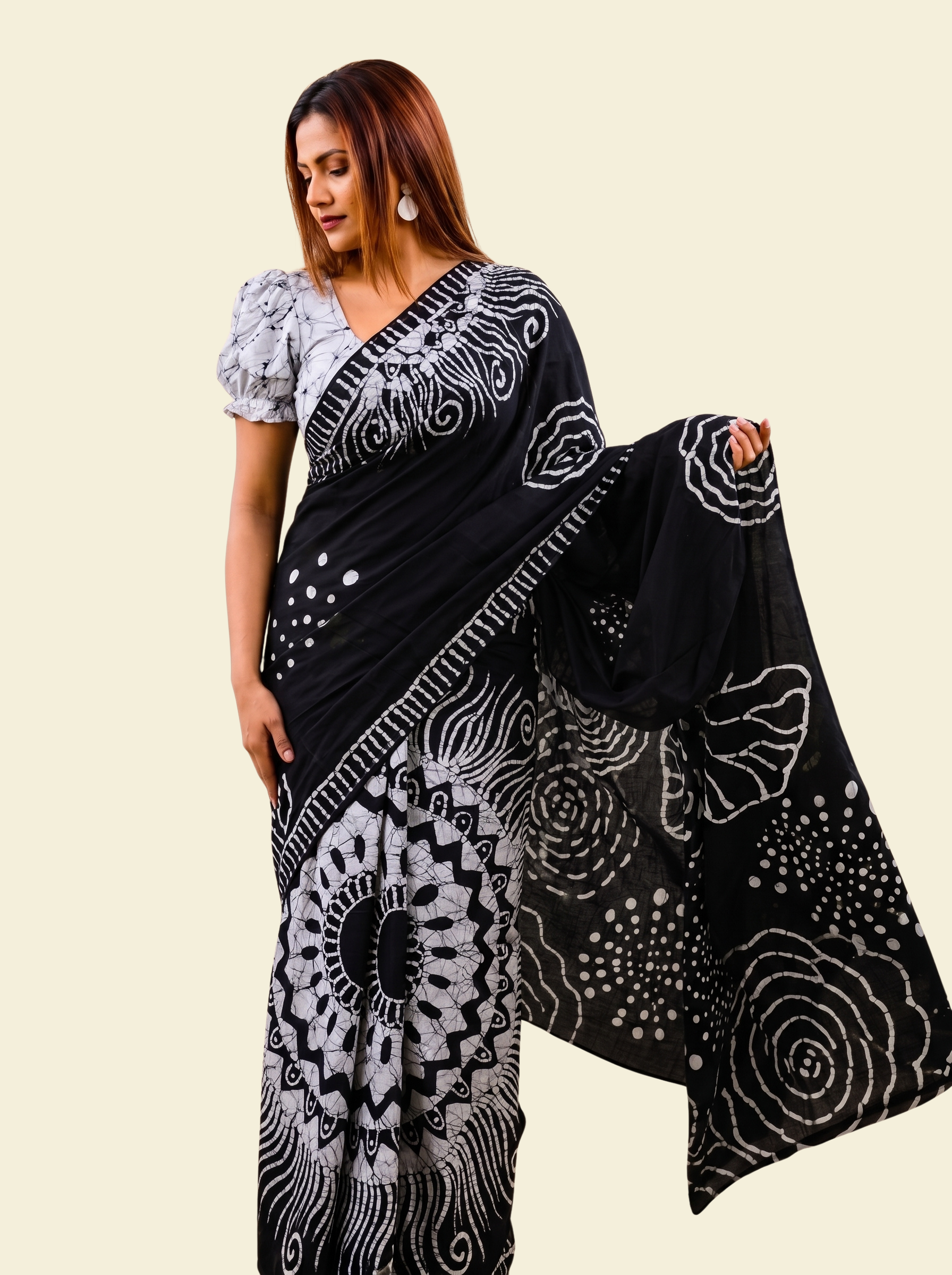 Black & White Floral Batik Saree